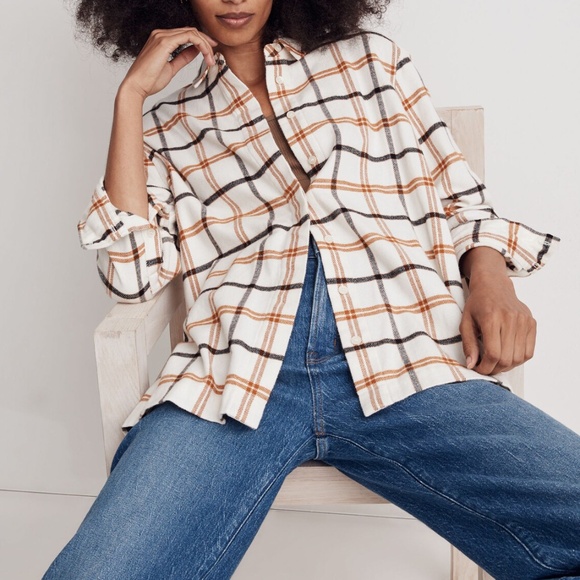 Madewell Oversized Boyfriend Shirt Plaid Med Flannel Cream Rust Western 90s Fall - Picture 1 of 12
